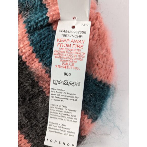 Topshop Fuzzy Knit Beanie Pink Teal Gray Striped Winter Hat - Picture 5 of 7